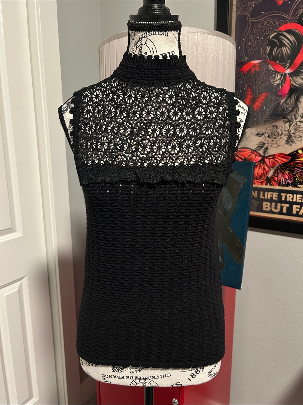 NWT Black Crochet Mock Neck Sleeveless Top by Bohme